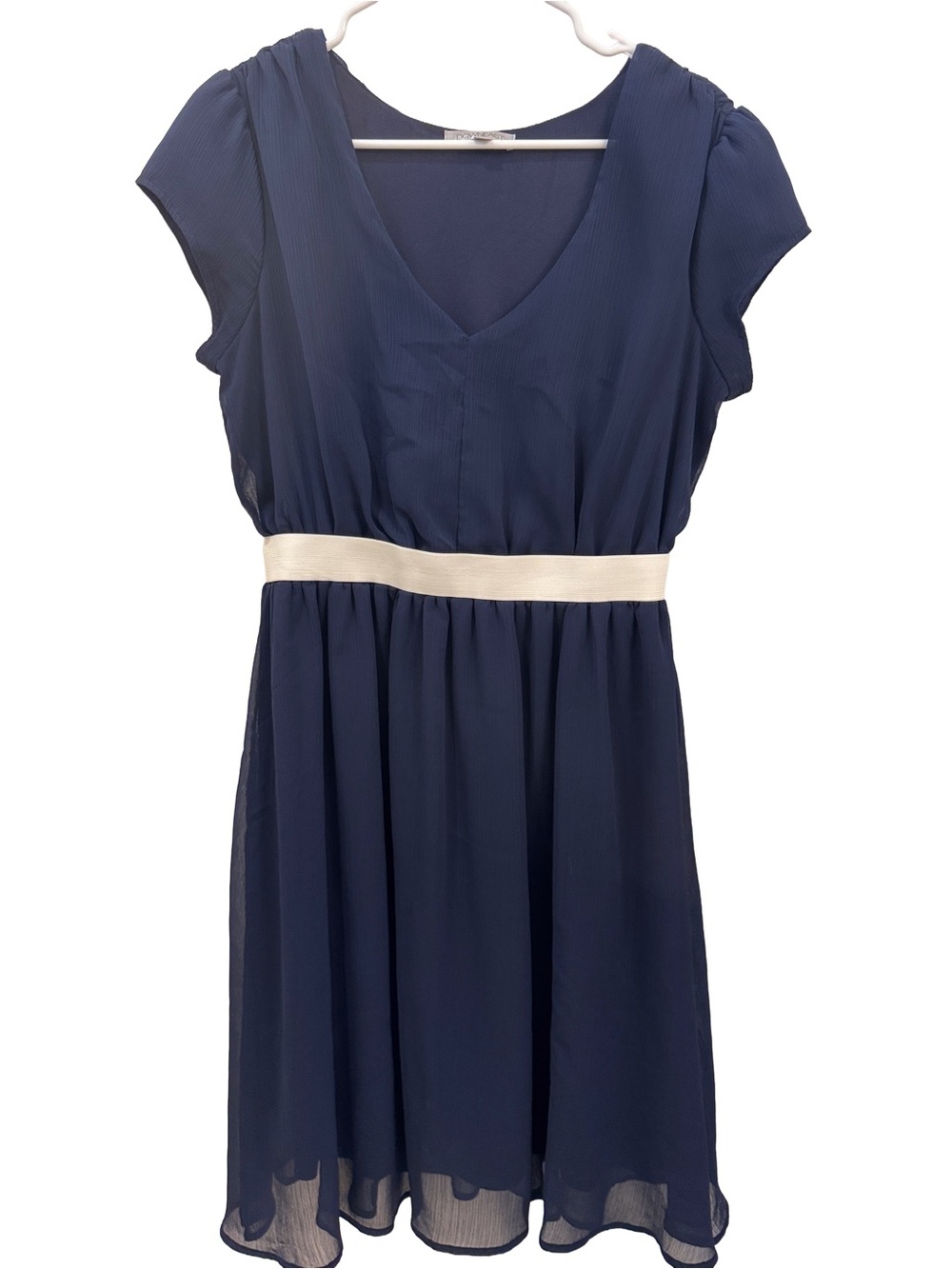 DownEast Navy knee length modest Dress with Ivory Waistband